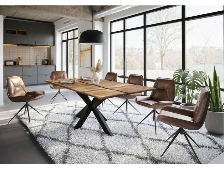 Esstisch Akazie 240x100x74 natur lackiert / Epoxid schwarz, Kreuzgestell anthrazit matt EPOXY