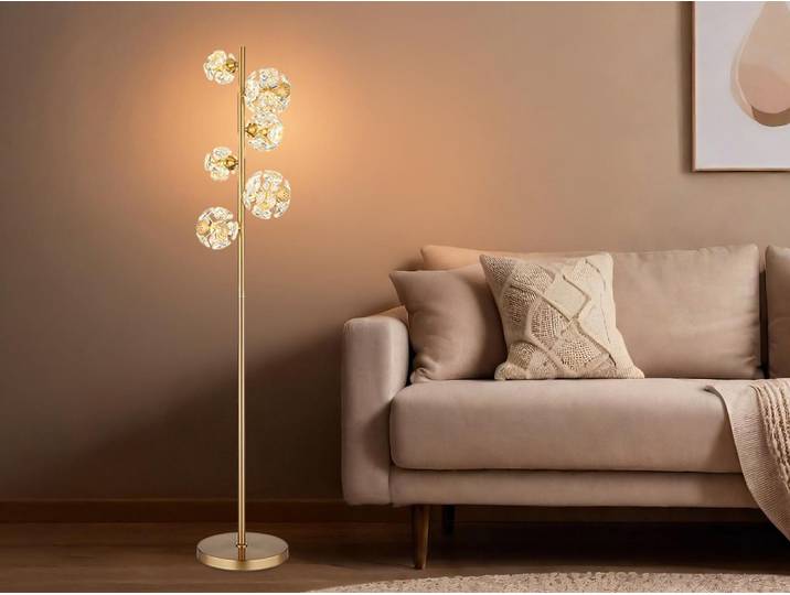 Globo Lighting Stehleuchte Metall goldfarben, K9 Kristalle klar, Kabel PVC transparent, Fußtrittschalter im Kabel, LxBxH: 280x360x1550mm,