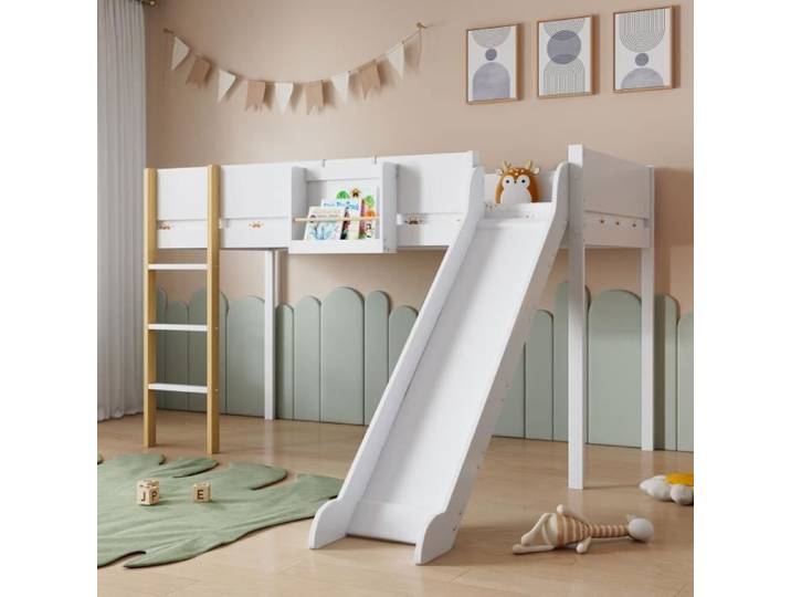 Lit mezzanine - 90x200cm - Blanc + naturel - Lit superposé avec toboggan - 2 places