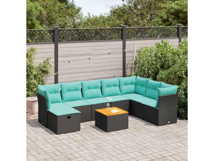 KTHLBRH Gartenmöbel-Set 9-teilig mit schwarzen Kissen aus Polyrattan Eckhocker mit Sitzsack, pulverbeschichteter Stahl, wasserdichte Hülle, waschbar