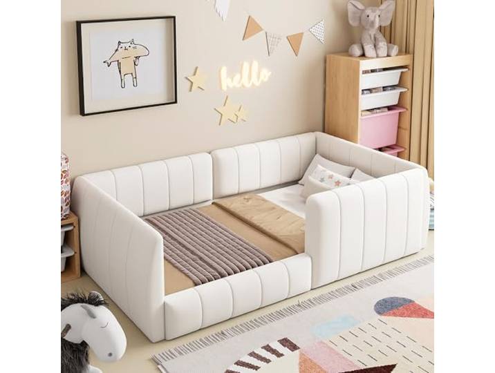 BTM Kinder Bodenbett 90x200 Kinderbett mit Sicherheitsgeländer Beige Ohne Matratze