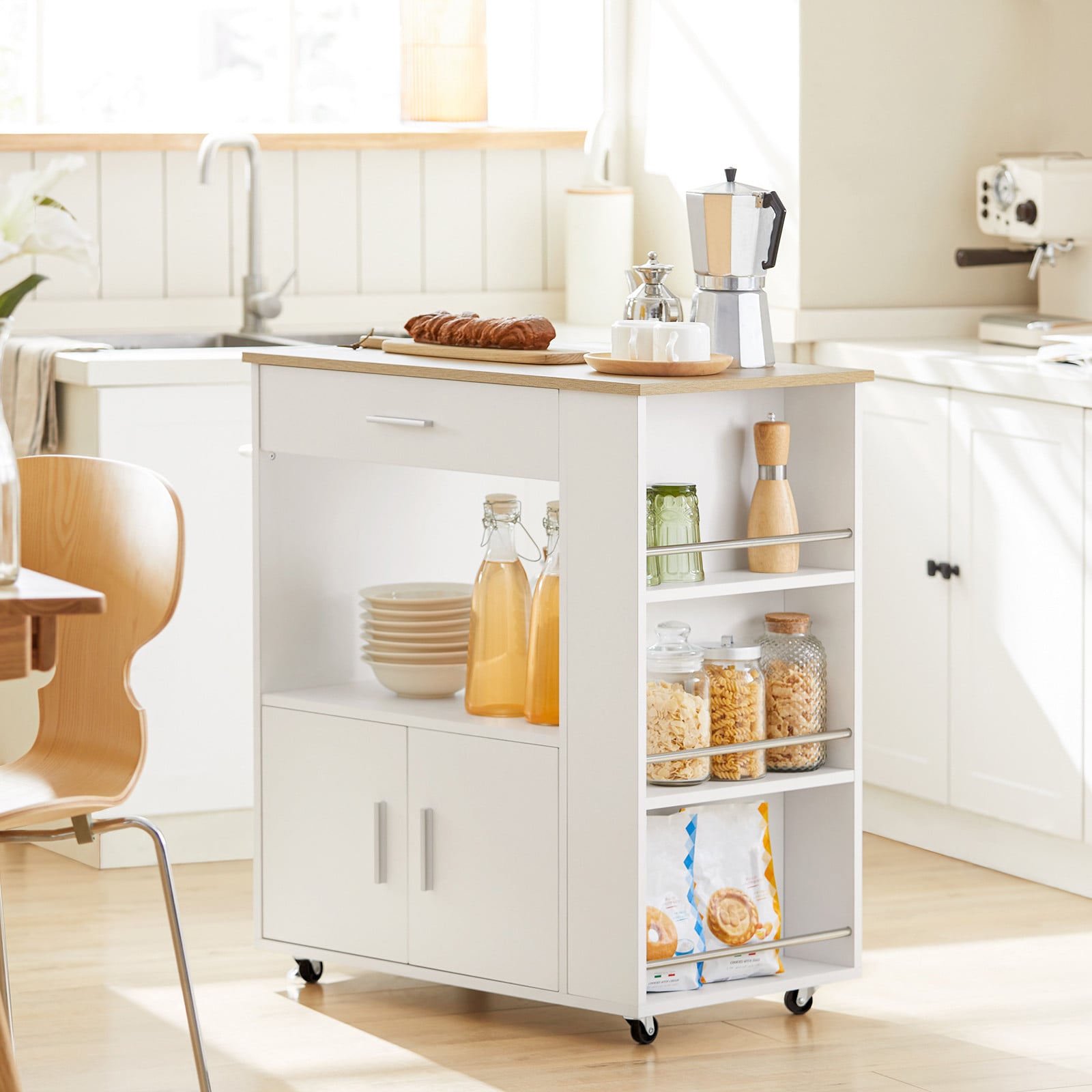 SoBuy FKW113-WN Keukentrolley met magnetronkast en serveerwagen, wit, B/D/H: 75 x 46 x 83 cm