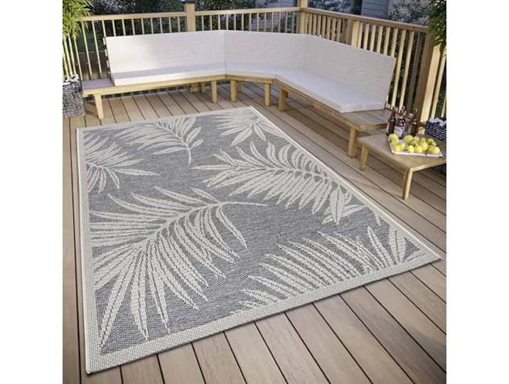 Hanse Home Paru Outdoor Teppich Wetterfest – Modernes Palmen Muster Florales Design, Wasserfest robuster Aussenteppich Flachgewebe für Garten, Balkon, Terrasse, Wohnzimmer – Grau Creme, 115x170cm