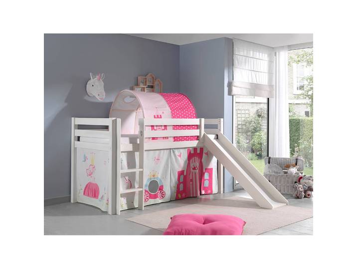 Spielbett Princess 90 x 200cm Weiß/Kiefer Weiß mit Rutsche/mit Tunnel/mit Leiter