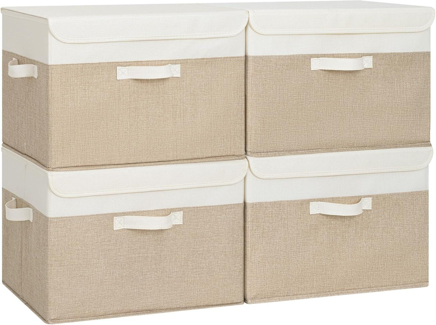 Solid Opbergdozen met deksel voor kleding, 4 stuks, wit-bruin, textiel