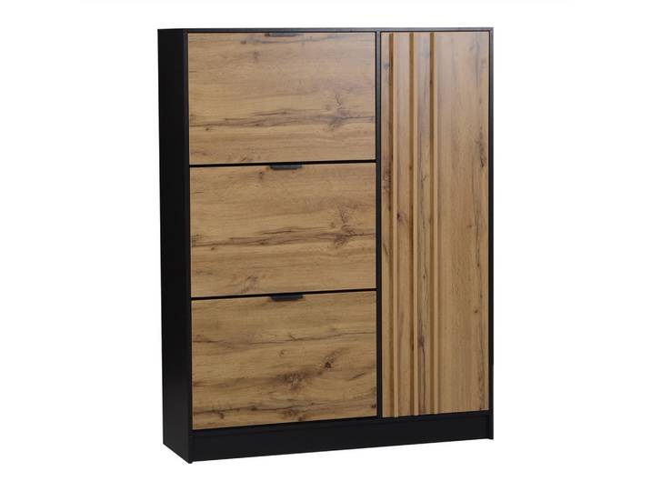 ComfortXL Schuhkipper De-37841 mit 3 Klappfächern und 1 Türfach Holzfarbe/Schwarz, Naturfarben, 100x130x30 cm, Garderobe, Schuhaufbewahrung, Schuhkipper