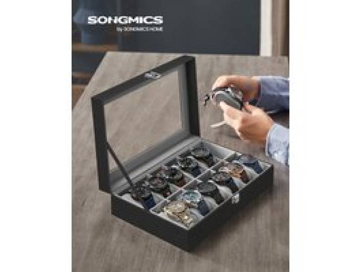 SONGMICS horloges Box 12-compartimenten horloges Box Glazen deksel horloges Case Verwijderbare horloges Kussen Premium horloges Box