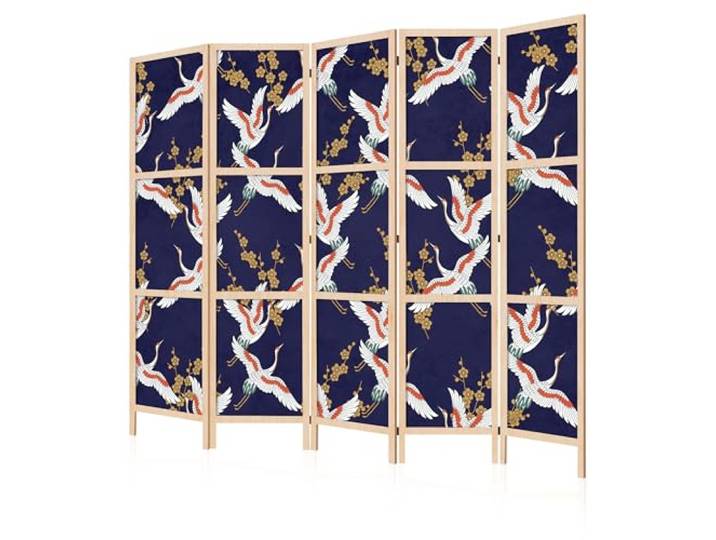 LUMASOUL Japanische Trennwand Paravent Raumteiler 225x172 cm Vogel 5 teilig Dekorativ, Shoji-Stil, faltbar, freistehend, als Sichtschutz für Wohnräume