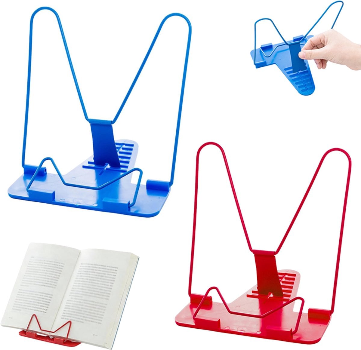 Set van 2 verstelbare boekenhouders voor boeken, tablets en telefoons, metalen leesstandaard en kookboekhouder, rood en blauw