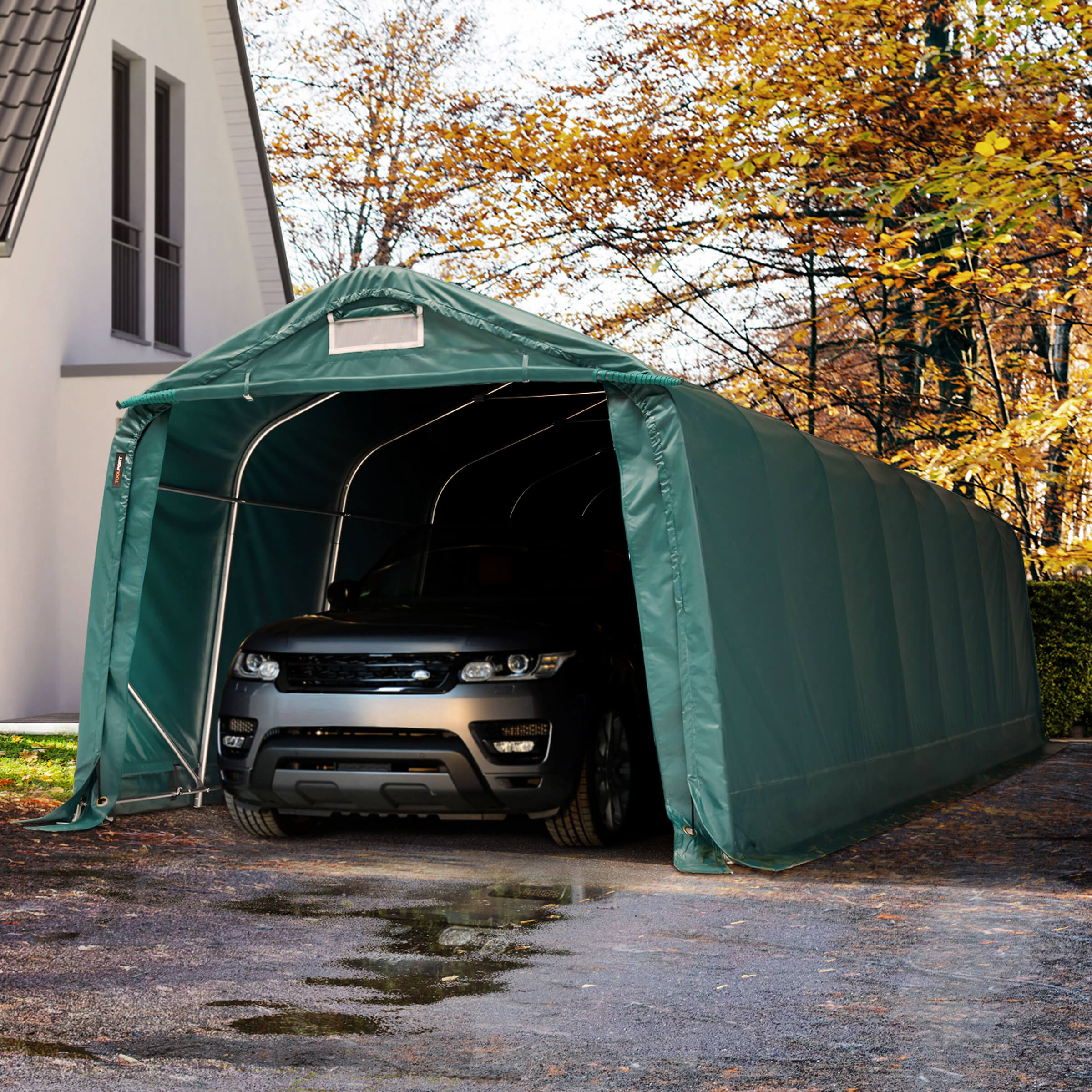 TOOLPORT 3.3x9.6m Carport Tent / Portable Garage, PVC 800, dark green with statics (ground: concrete) - (68314)