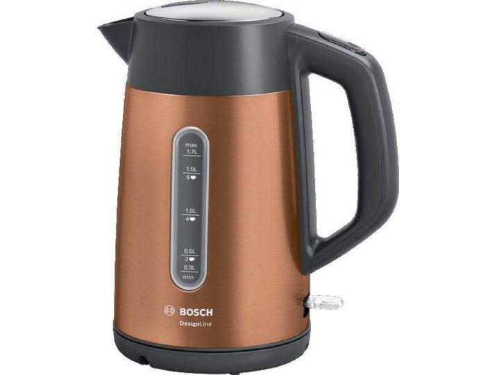 BOSCH Wasserkocher DesignLine TWK4P439, Ausgießen ohne Spritzer, Tassenanzeige , braun (kupferfarben), B:23,2cm H:27,6cm T:15cm, Wasserkocher, Wasserstandsanzeige, Überhitzungsschutz, orange, Wasserkocher