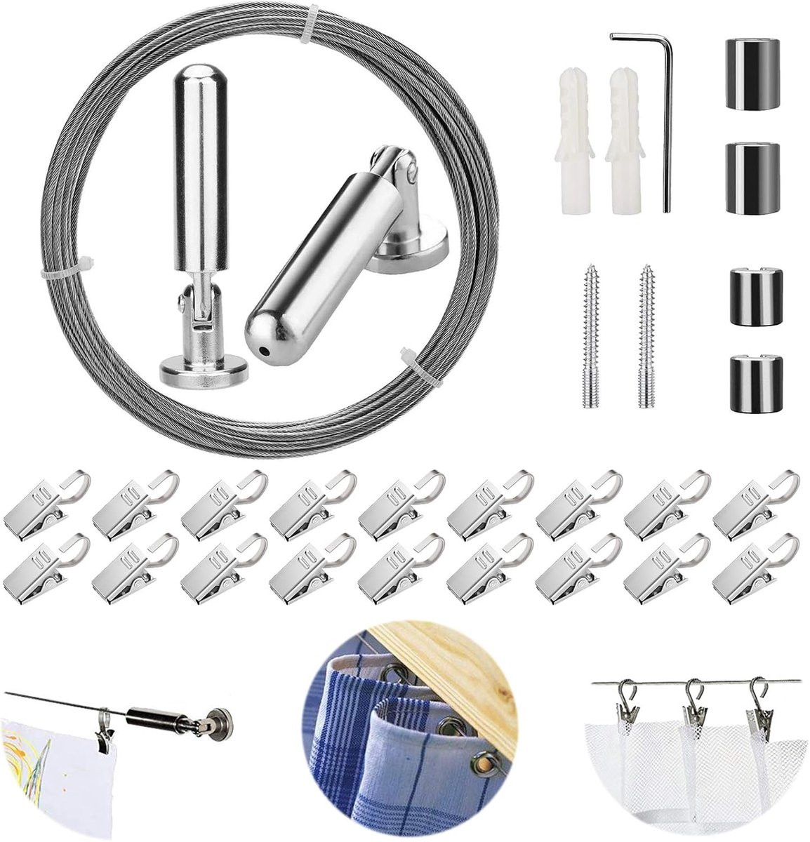 Dailygoods Gordijn draad staaf set voor wandmontage - 5 meter met 20 clips