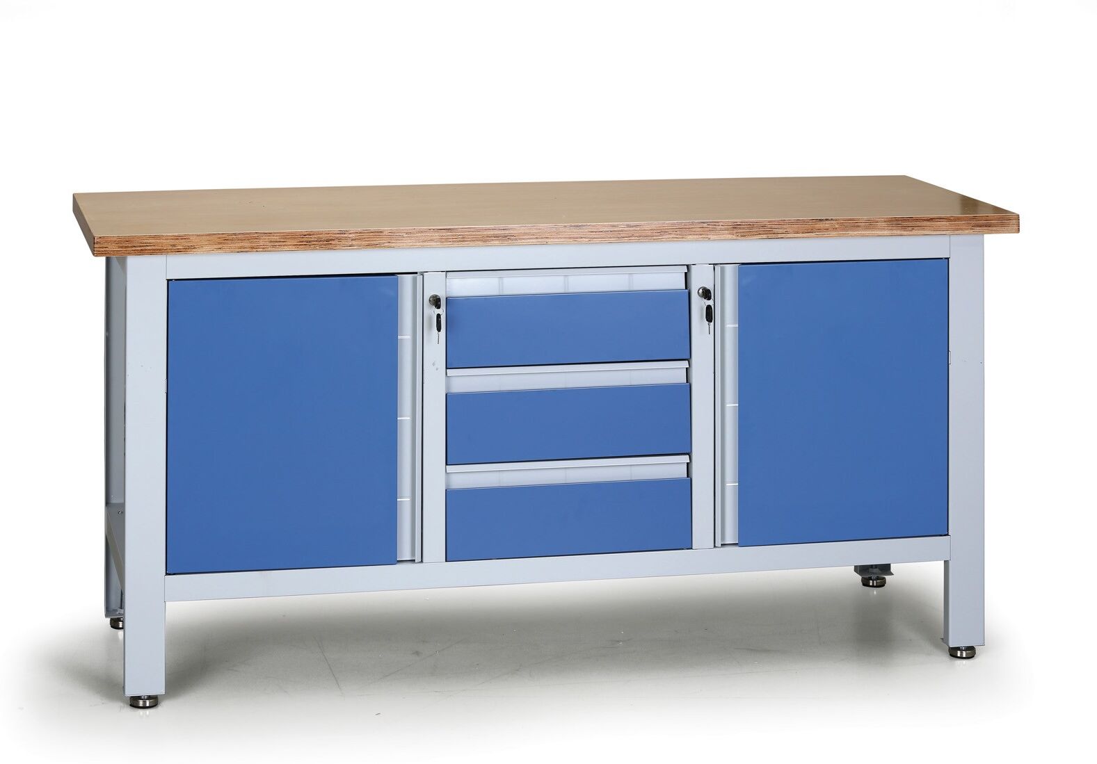 B2B Partner Werkstatttisch G6, 3 Schubladen, 2 Schränke, 1690 x 600 x 860 – 900 mm, blau