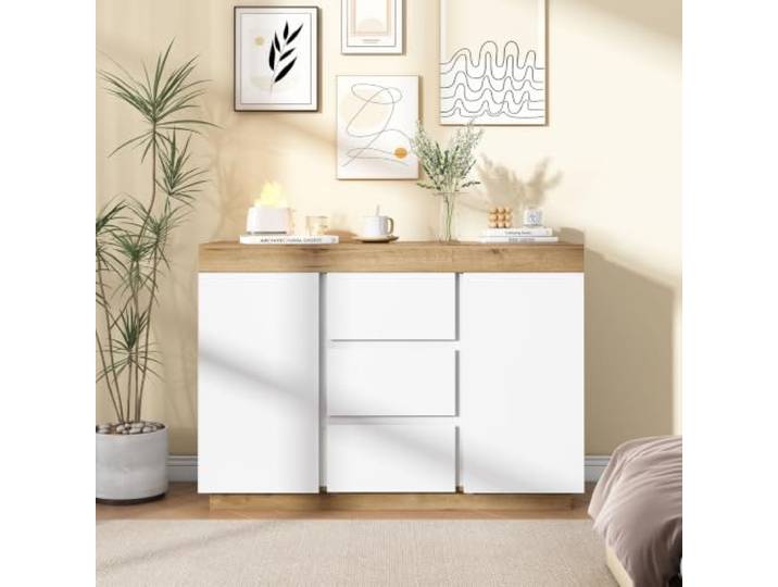 Fiednoy Sideboard Kommode Weiß mit 3 Schubladen 2 Türen,120 * 40 * 82cm Schließfach, Aufbewahrungsschrank für Schlafzimmer Wohnzimmer, klassischer Stil，kompakt