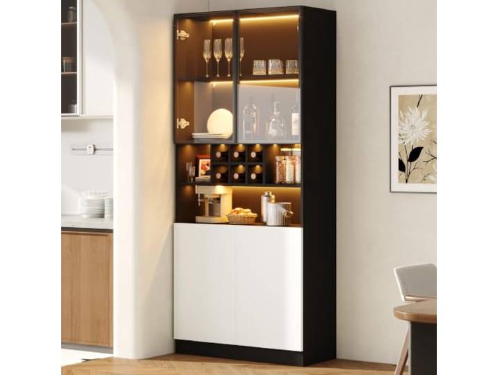 BTM Glasvitrine Stehend mit LED Beleuchtung Multi Küchenschrank mit Weinregal Vitrinenschrank Wohnzimmer Schwarz