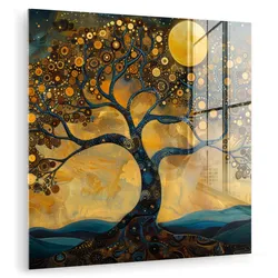 ACRYLGLASBILD Baum - Mond - Blumen - Gold - Kunst 50x50 cm