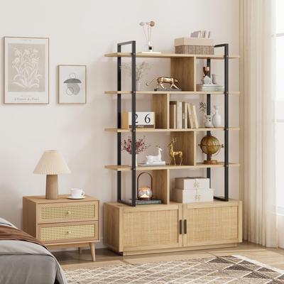 Garvee 5 Tier Rattan Bookshelf with Storage Cabinet & Door