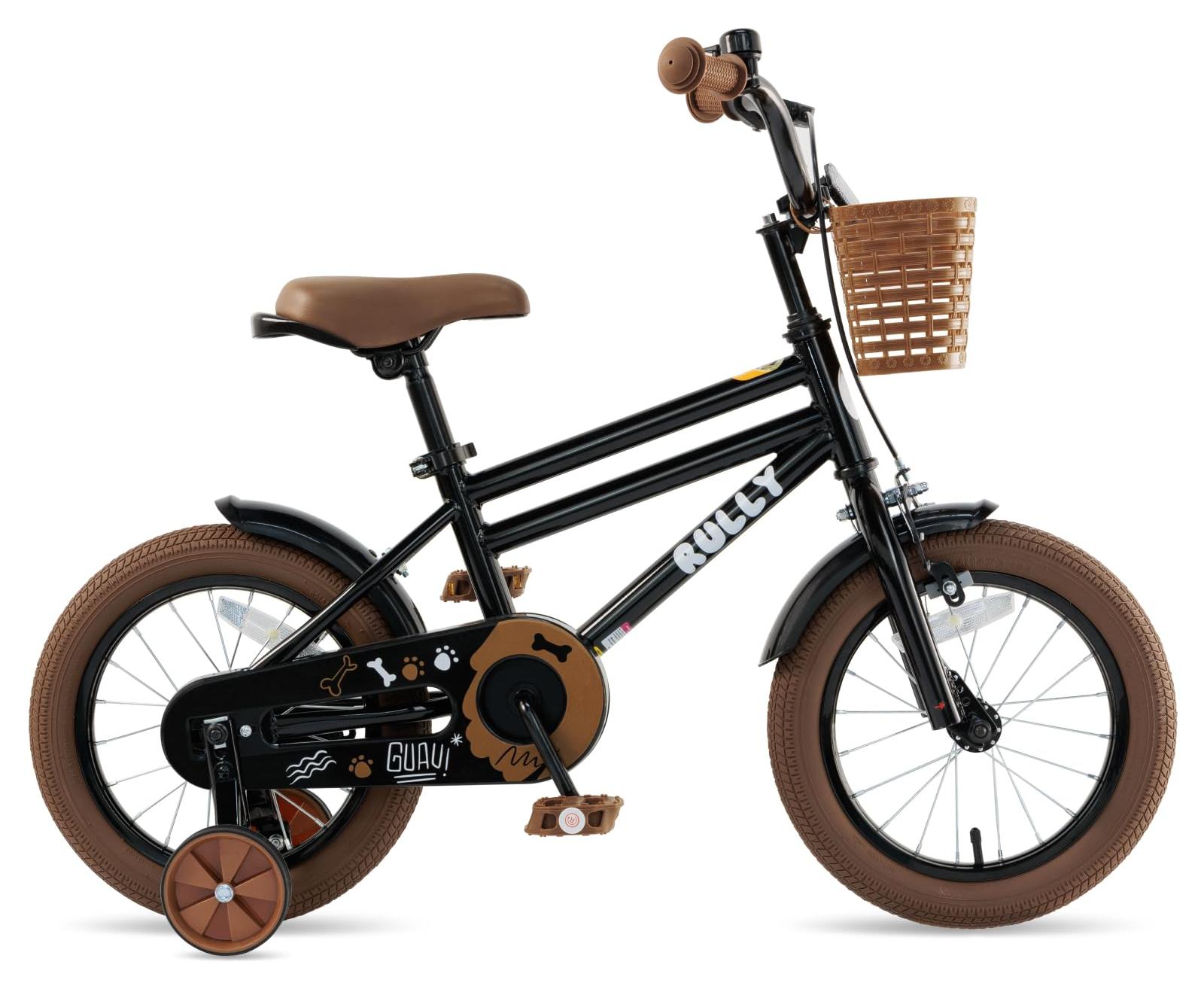 12-Zoll Kinderfahrrad, Schwarz, Stützräder, Rücktritt- und Handbremse, Korb