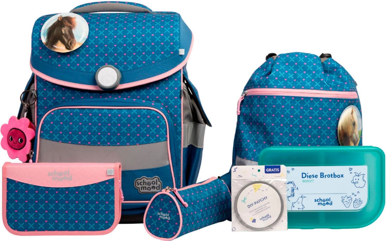 Schulranzen SCHOOL-MOOD "Timeless Pro", Kinder, Gr. B/H/T: 36cm x 42cm x 21cm, blau (mila (pferd) mit moodie naomi neugier), Polyester, Rucksäcke Schulranzen mila (pferd) mit moodie naomi neugier B/H/T: 36cm x 42cm x 21cm