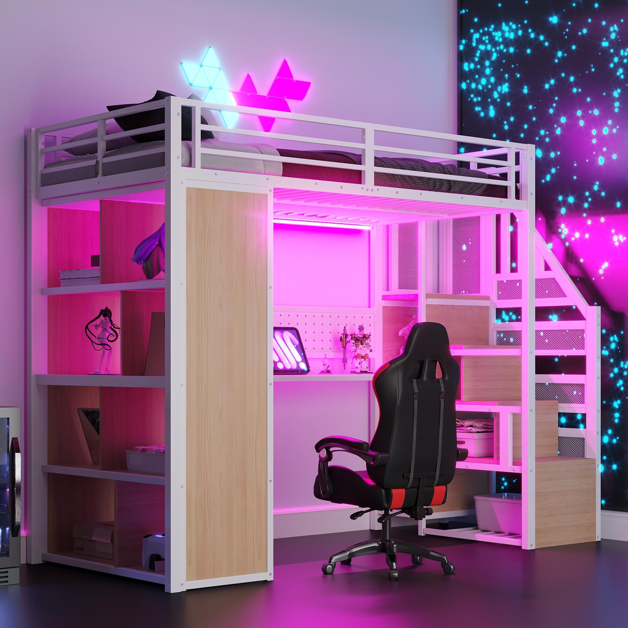 MODFU Metall-Hochbett 90x200 cm mit LED-Lichtleiste und großem Stauschrank,Jugendbett mit Kleiderschrank und Schreibtisch,Einzelbett mit Steckdosen nach europäischer Norm,ohne Matratze,Weiß