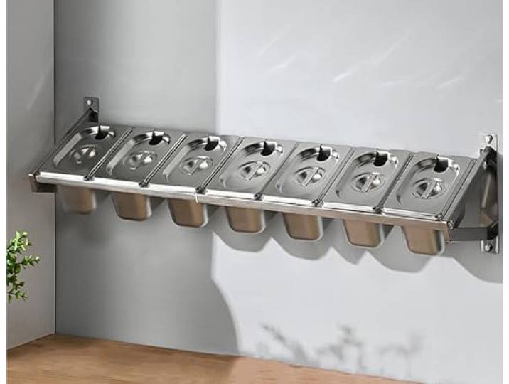 GZGLZDQ Beilagenbehälter Wandmontage, Gewürzbox Platzsparend/Abnehmbar, Gastro Behälter Edelstahl, Mit Deckel und Löffel Zutatenbehälter für Gastro & Küche, Pizza Zubehör(7 Grids)