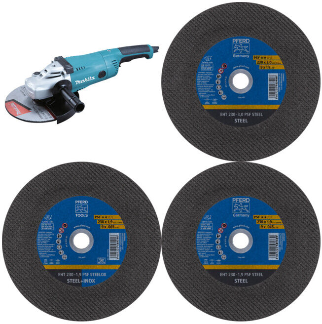 Set MAKITA Winkelschleifer GA9020RF 230 mm + Pferd Trennscheibe EHT 230-1,9 PSF STEEL + Pferd TOOLS Trennscheibe EHT 230x1,9x22,23 mm gerade Universallinie PSF STEELOX für Stahl/Edelstahl + Pferd TOOLS Trennscheibe EHT 230x3,0x22,23 mm gerade Universallin