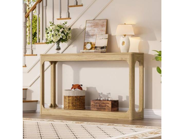 ROVRYN table console 140 cm avec rangement 2 niveaux MDF aspect bois naturel