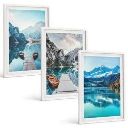 BILDER SET 3er Set - 40x60 cm Weißer Rahmen - Spiegelung der Boote auf Bergseen