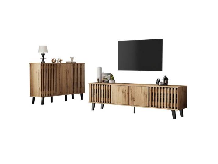 Ensemble Meubles Salon Meuble TV 180x40x55cm+Buffet 150x40x95cm Bois Naturel 8 Compartiments 6 Étagères Portes Intégrées Stable