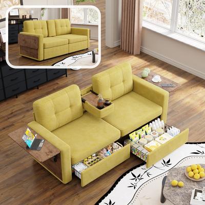 Kodotan sofa "70.08"" Chenille Fabric Couch with Pull-Out Storage Drawers, Foldable Side Tables, Cup Holder Console, Soft Sponge Cushions"