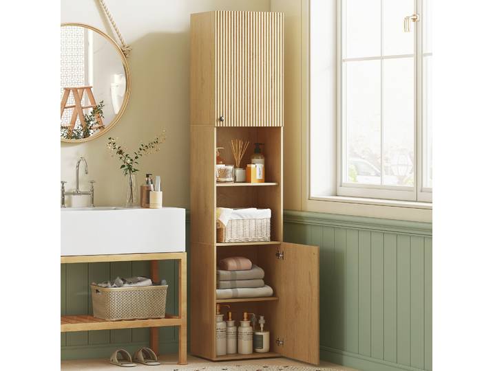 HOMCOM Armoire Haute Salle de Bain 6 Niveaux Bois Chêne
