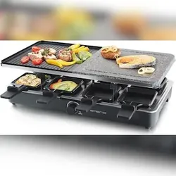 Emerio Gourmet-Stein­grill – Raclette-Grill – 1400 W – 8 Personen – einstellbarer Thermostat – inkl. 8 Holzspatel & Pfännchen – RG-110035