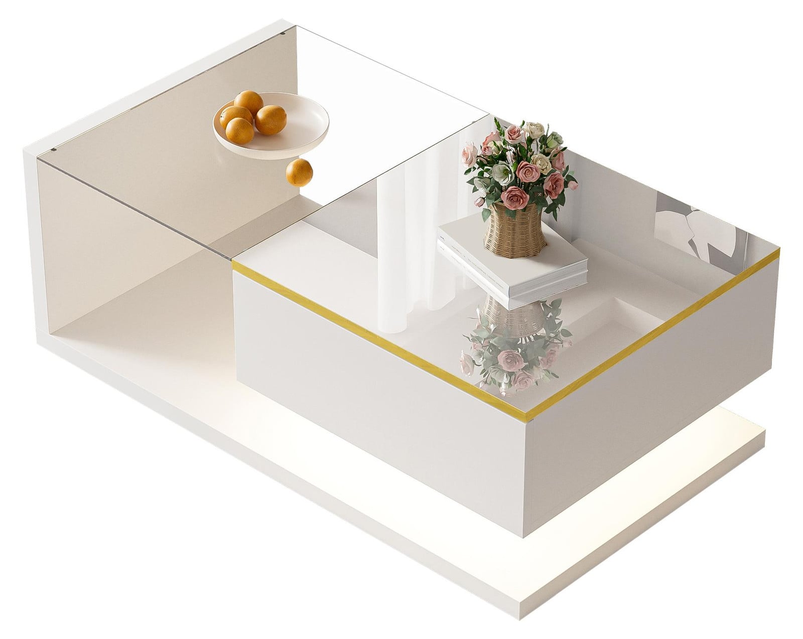 Rolipo Moderne Witte Salontafel met Glas en LED-verlichting, Breedte: 90 cm