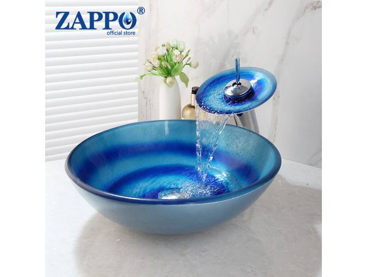 ZAPPO – lavabo de salle de bains en verre trempé bleu, lavabo au-dessus du comptoir, lavabo rond avec robinet et vidange Combo