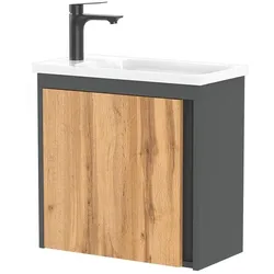 Planetmöbel - Waschbeckenunterschrank 50 cm - Grau Matt / Wotan Eiche - Mit Waschbecken und schwarzer Armatur
