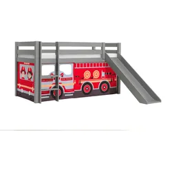HOCHBETT mit Rutsche Karolina Massivholz Grau Textilset Feuerwehr