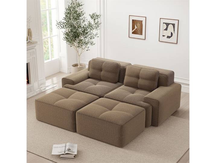 DRIPEX Canapé d'angle Modulable en Velours côtelé avec 2 poufs amovibles et coussins Canapé lit 2 places 204x177x69cm Marron