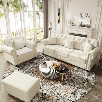 GDFStudio - Mid-Century Modern Chesterfield Sofa Set with Ottoman & Tufted Nailhead Design