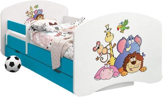 Famanu Kinderbett mit Schublade und Absturzschutz - Blau Safari Thema, 160x80 cm