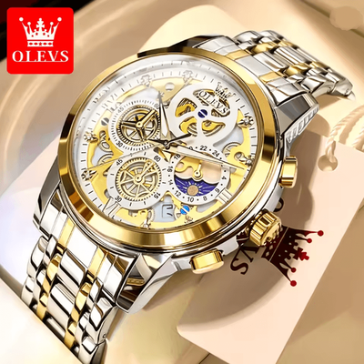Inspire Essentials OLEVS Luxury Skeleton Quartz Watch For Men Waterproof Day Night Display silver Gold