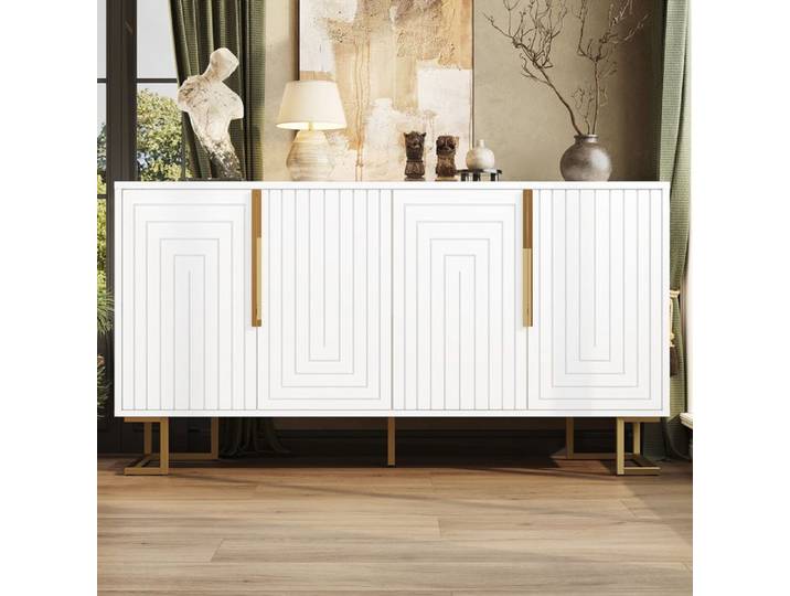 ROVRYN Buffet bas blanc 152 cm en MDF 2 portes motif géométrique et pieds métalliques dorés