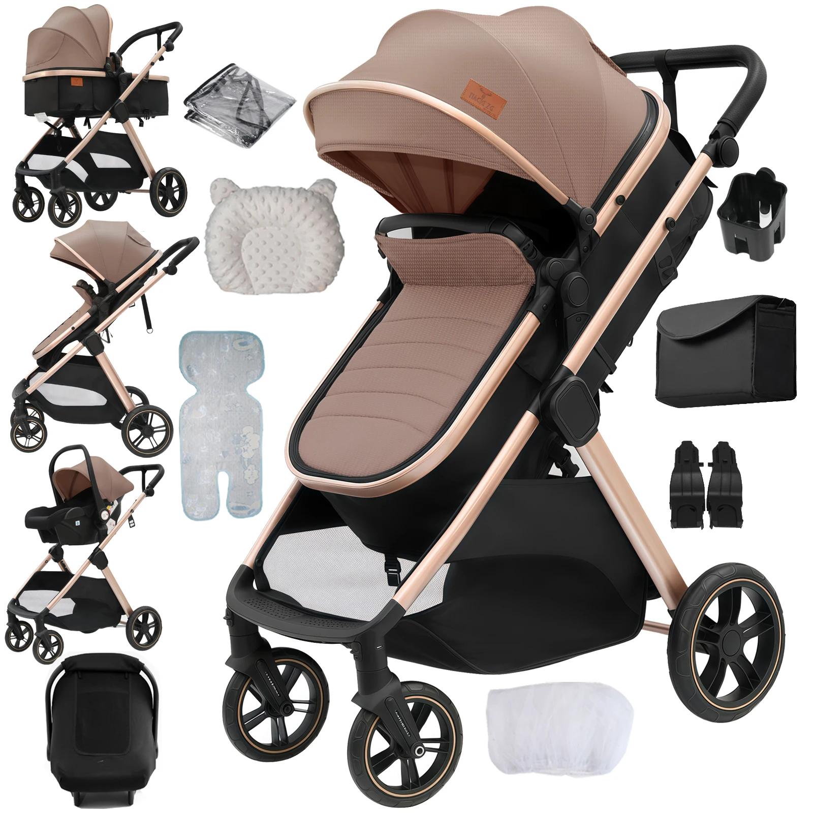 3-in-1-Kombikinderwagen - Reisesystem - Faltbar - Wendeaufsatz - Verstellbare Rückenlehne - Leinenbezug - Khaki