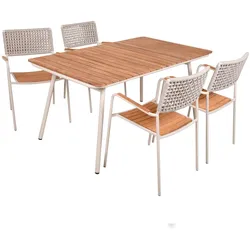 DELUKE Garten-Sitzgruppe LOTTE 5-tlg. - Teak, Cremeweiß | Gartenmöbel-Set Gartengarnitur Garten-Essgruppe mit Stühlen und Esstisch