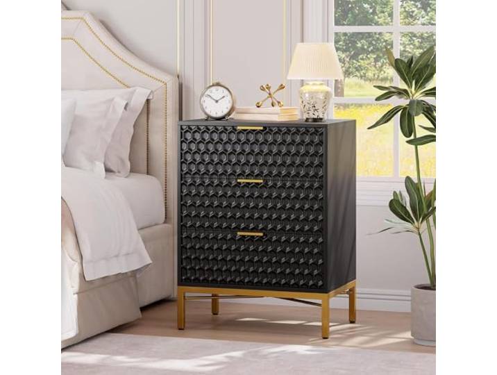 GarveeHome 3-Schubladen-Kommode aus Holz mit tiefen Schubladen, Honeycomb-Muster & großer Ablagefläche – für Schlaf-, Wohn- oder Kinderzimmer – Farbe: Schwarz