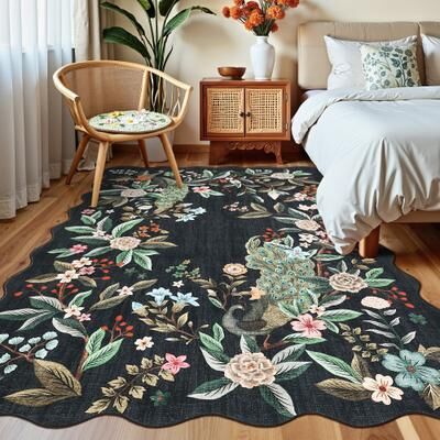 Garvee Scalloped Peacock Floral Area Rug