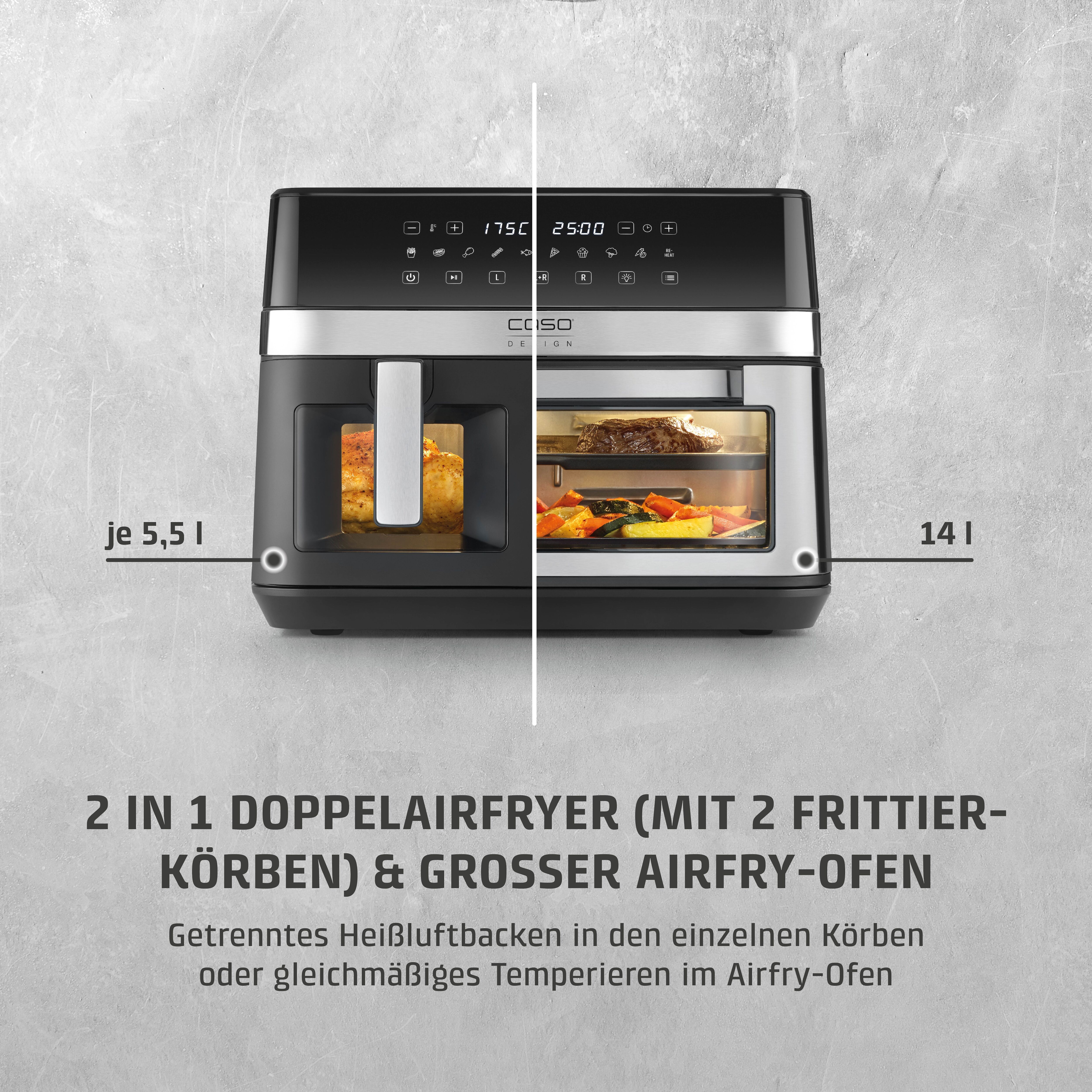 CASO Heißluftfritteuse "3186 Design AirFry DuoChef", schwarz, B:43,5cm H:33,5cm T:38,5cm, Fritteusen, Heißluftfritteuse