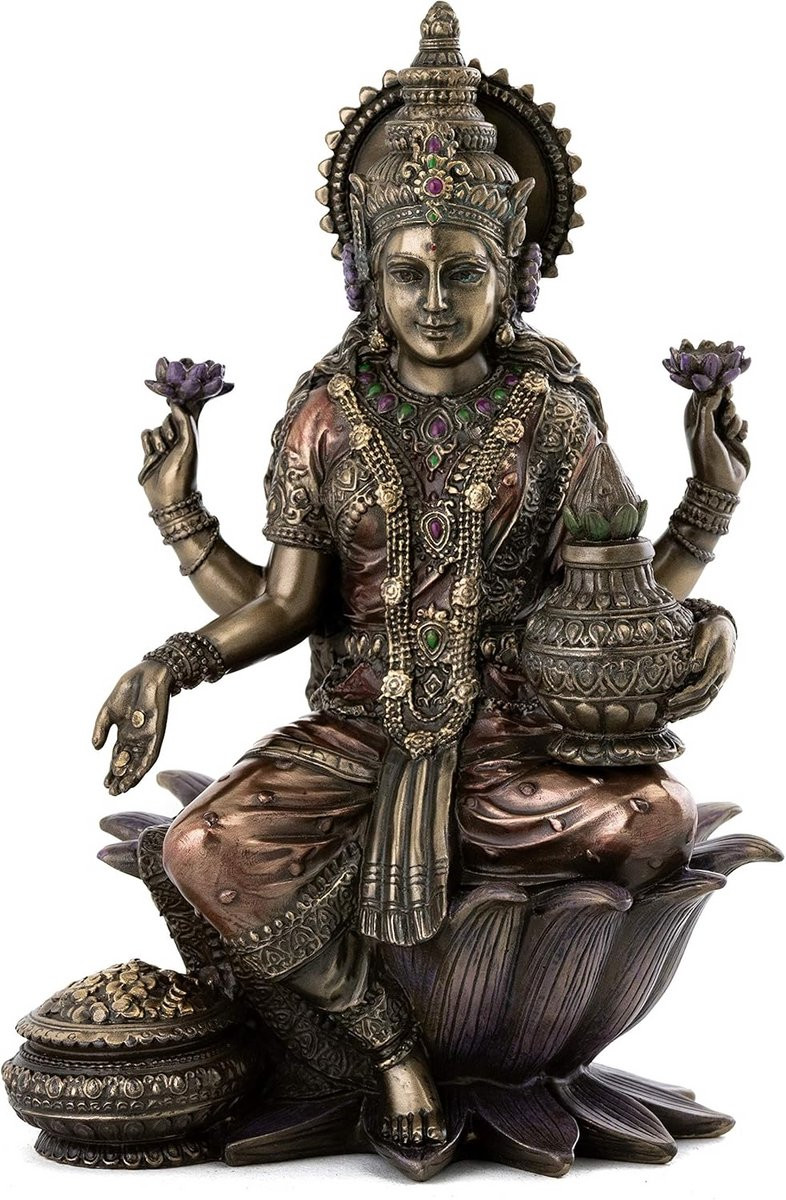 Lakshmi Beeldje op Lotus, Godin van Rijkdom en Welvaart, Hoogte: 18 cm, Koude Brons Gietwerk