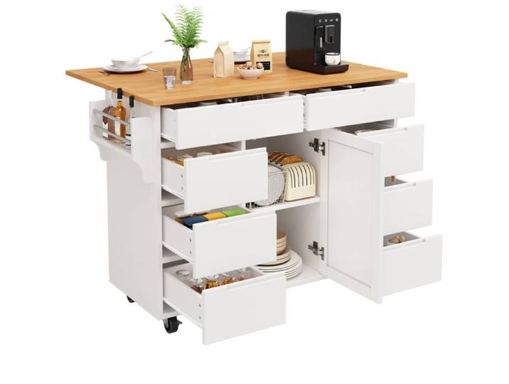 Îlot de cuisine extensible – chariot de cuisine sur roulettes – 8 tiroirs – blanc – MDF