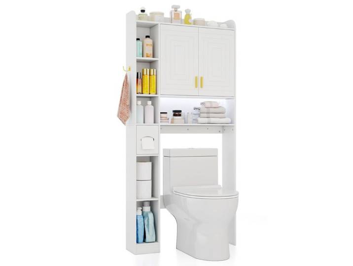 COSTWAY Meuble WC au-Dessus des Toilettes avec LED 2 Portes & 6 Compartiments Ouverts Porte-Papier Étagère Réglable Gris