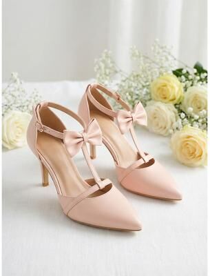 LightInthebox Women's White Bridal Heels - Elegant Pointed Toe Wedding Shoes with Bow Ankle Strap T-Strap Design for City Weddings, Bridal Showers Receptions